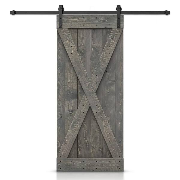 28 in. x 80 in. X Series Solid Core Weather Gray Stained Assembly Required Wood Sliding Barn Door with Hardware Kit
