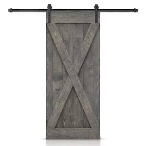 30 in. x 84 in. Distressed X Series Weather Gray Stained DIY Wood Interior Sliding Barn Door with Hardware Kit