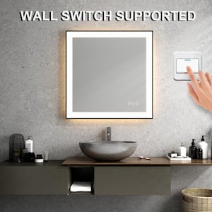 36 in. W x 36 in. H Rectangular Framed Anti-Fog LED Wall Bathroom Vanity Mirror in Black with Backlit and Front Light