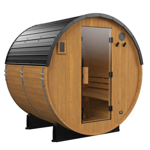 Paxton 4-Person Outdoor Cedar Traditional Wet/Dry Barrel Sauna with 9kW Electric Heater, Wi-Fi Control, LED Lights