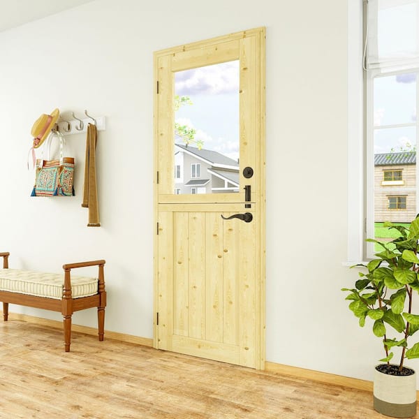 32 in. x 80 in. Universal 1-Lite Clear Glass Unfinished Exterior Door with Lock Knotty Solid Wood Front Door Slab-Dutch