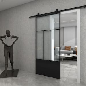 Division 37 in. x 84 in. 3/4 Lite Clear Glass Black Metal Finish Sliding Barn Door with Hardware Kit