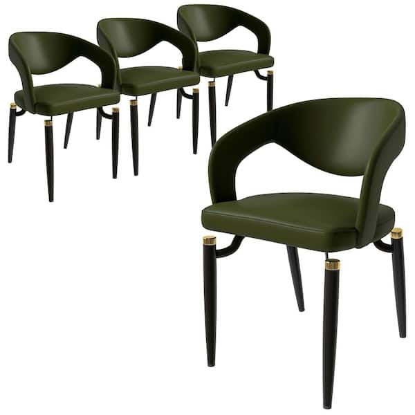 Leisuremod 4-Piece Leather Dining Chairs Ergonomic Curved Open Back Design in Black Iron Entice Collection in Green