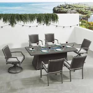 7-Piece Ratten Wicker Outdoor Patio Conversation Set with Cushion and 76 in. Propane Gas Fire Pit Table in Gray