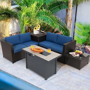 5-Piece Patio Rattan Furniture Set Fire Pit Table w/Cover Storage Navy Cushion