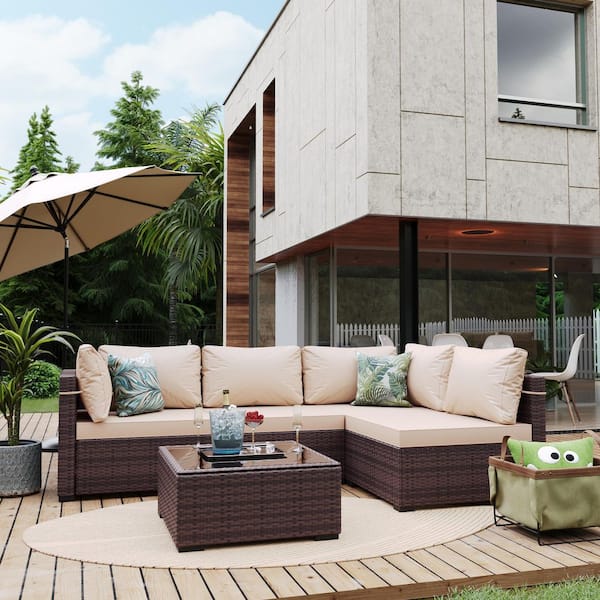 UPHA 5-Piece Brown Wicker Patio Conversation Set Outdoor Sectional Sofa Set with Coffee Table and Beige Cushions