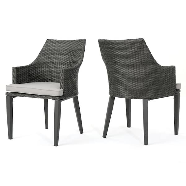 Ansley Grey Stationary Faux Rattan Outdoor Dining Chair with Light Grey Cushions (2-Pack)