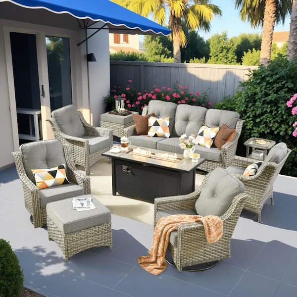HOOOWOOO Cherry 9-Piece Wicker Outdoor Furniture Patio Fire Pit Conversation Sofa Set with Swivel Chairs and Dark Grey Cushions