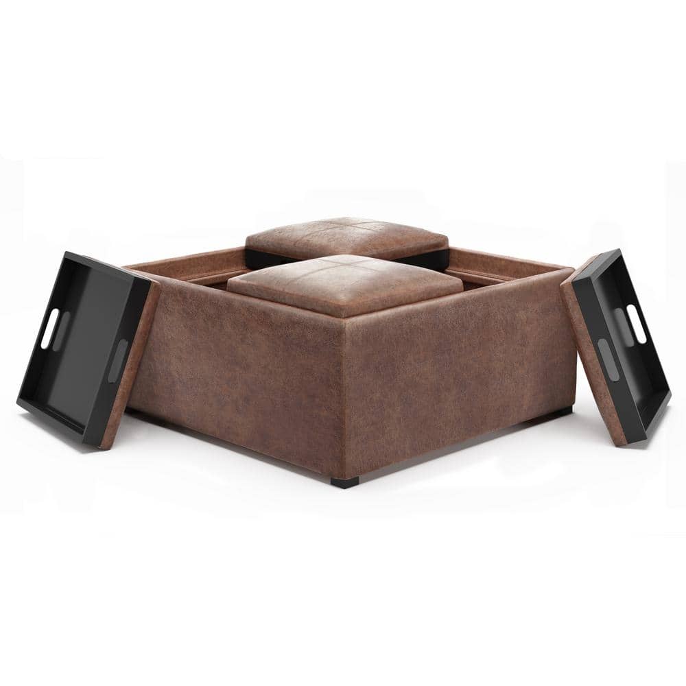 Avalon 35" Distressed Umber Brown Faux Leather Square Storage Ottoman