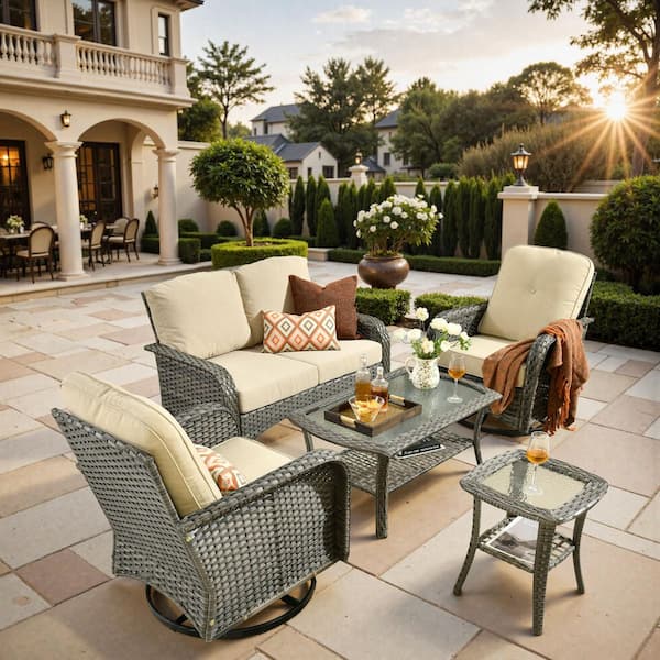Victor 5 Pieces Wicker Outdoor Patio and Swivel Rocking Chairs with Beige Cushions