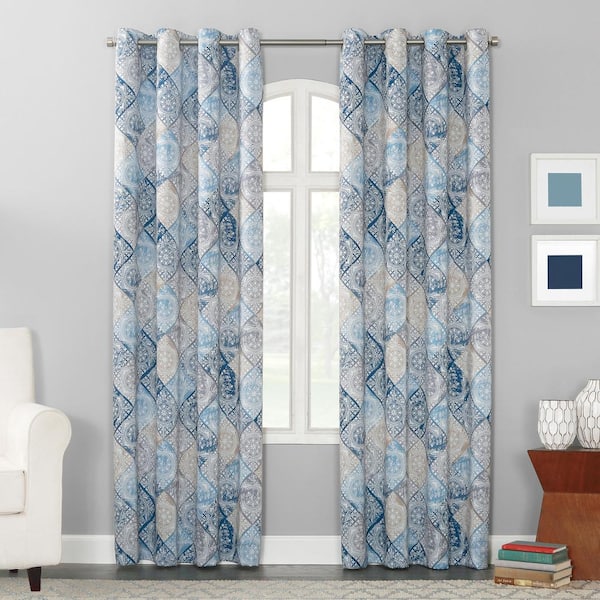 Sahar Global Medallion Print Indigo Blue Polyester 54 in. W x 95 in. L Grommet Room Darkening Curtain (Single Panel)