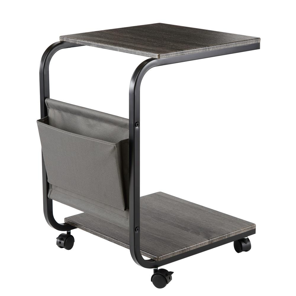 Rustic Ashwood and Black Metal Rolling C-Shaped End Table