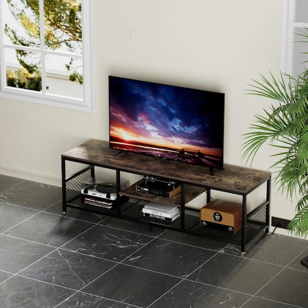 TV Stand with Power Outlets for Televisions up to 70", 62" Media Entertainment Center with 3-Tier Open Shelves Brown