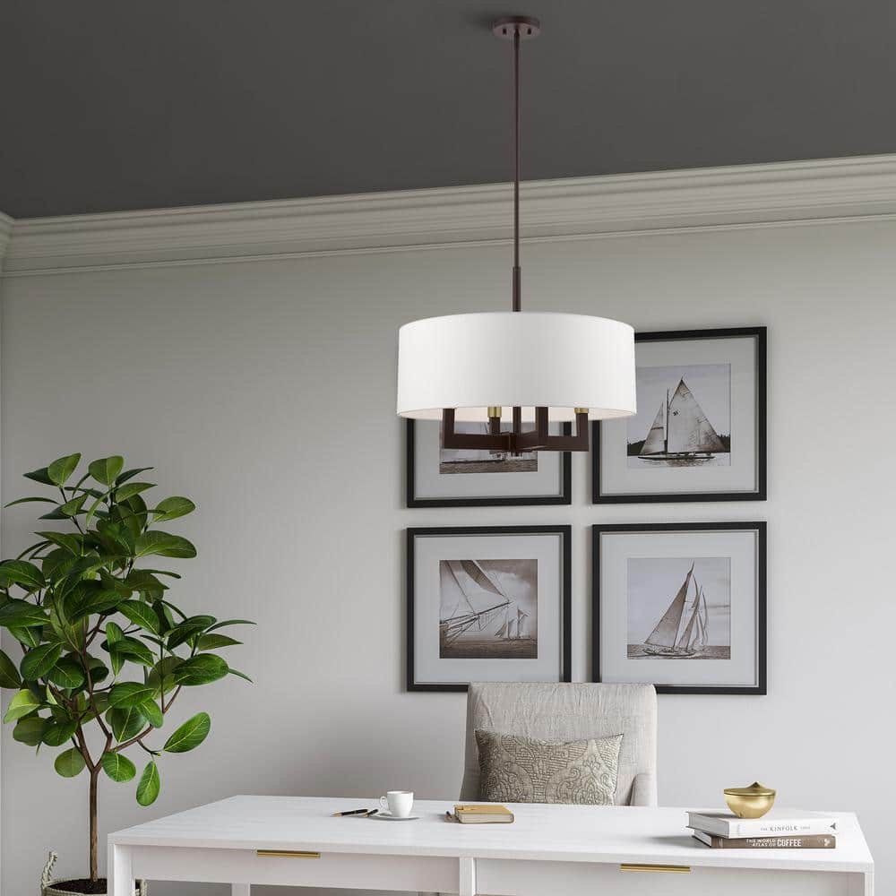 Bronze and Antique Brass 4-Light Chandelier with Off-White Shade