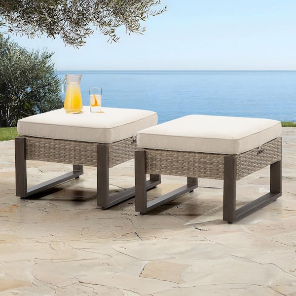 Wicker Outdoor Ottoman with Steel Frame and Beige Cushions (2-Pack)