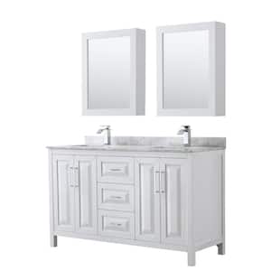 Daria 60 in. Double Bathroom Vanity in White with Marble Vanity Top in Carrara White and Medicine Cabinets