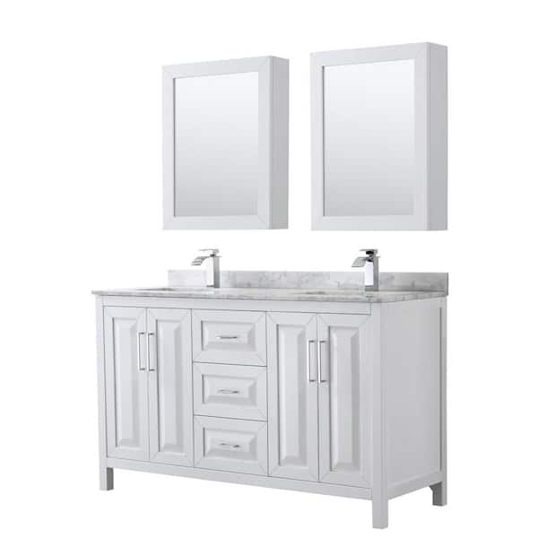 Wyndham Collection Daria 60 in. Double Bathroom Vanity in White with Marble Vanity Top in Carrara White and Medicine Cabinets