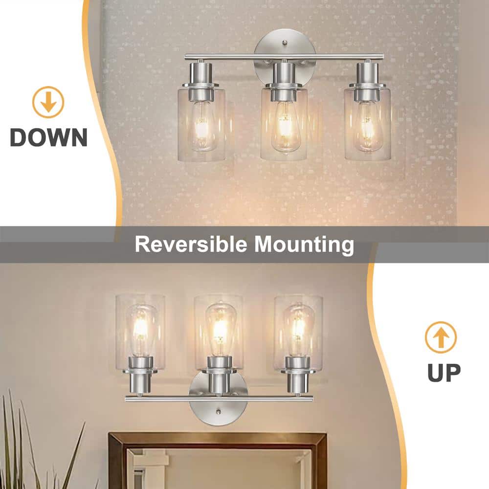 Brushed Nickel 3-Light Modern Bathroom Vanity Light with Clear Glass Shades