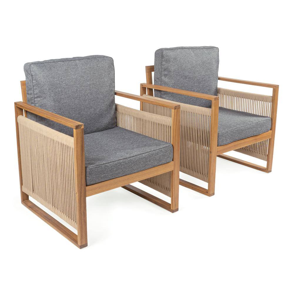 Teak Brown Mid-Century Modern Roped Wood Patio Chairs with Cushions
