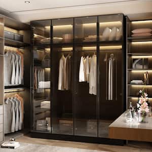 Black Wood 59.1 in. W Tempered Glass Doors Wardrobe Armoires Aluminum Frame with LED Lights, Hanging Rods and Shelves
