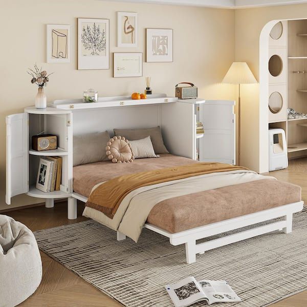 Nestfair White Wood Frame Queen Size Murphy Bed with Hidden Storage