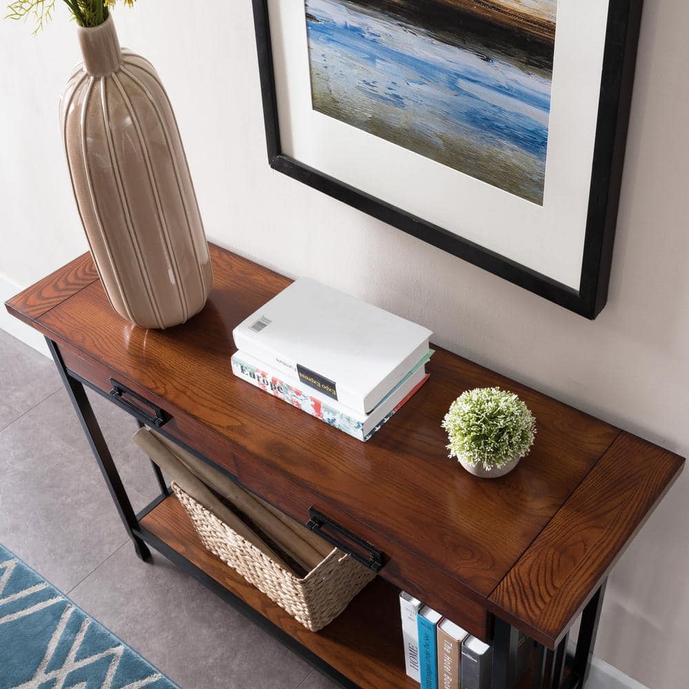 Ironcraft Mission Oak and Black Wood Sofa Table with Storage