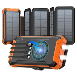 36800 mAh Solar Power Bank Wireless Charger with Built-in 4 Cables, 5 Solar Panel, Flashlights & Carabiner, Orange