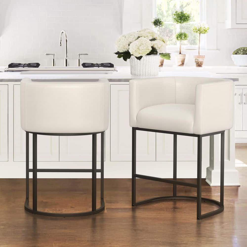 26 in. Antique-White Low Back Bar Stool with Black Metal Frame Counter Height Faux Leather Counter Stool (Set of 2) price history on PriceWatchPro