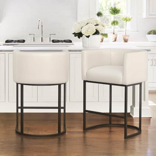 LUE BONA 26 in. Antique-White Low Back Bar Stool with Black Metal Frame Counter Height Faux Leather Counter Stool (Set of 2)