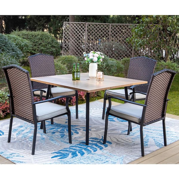 PHI VILLA Black 5-Piece Metal Patio Outdoor Dining Set with Wood-Look Square Table and Fan-Shaped Backrest Rattan Cushioned Chairs