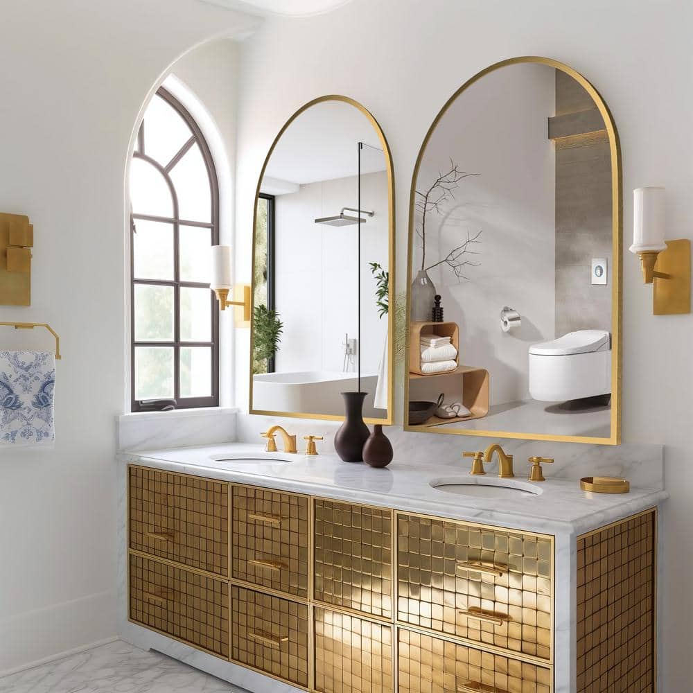 26 in. W x 38 in. H Arched Mirror for Bathroom Entryway Wall Decor Metal Fr