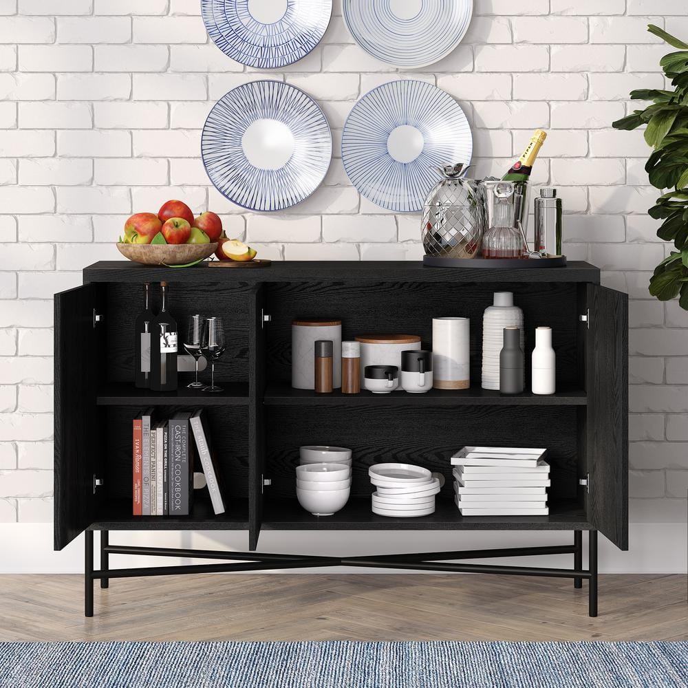 Black Grain Modern 48" Wide Buffet Table with Adjustable Shelves