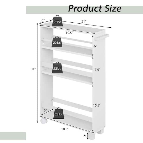 Costway Rolling Kitchen White Slim Storage Cart Mobile Shelving