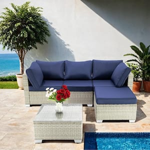 5-Piece Grey White Wicker Outdoor Fabric Sofa Sectional Set with Dark Blue Cushion