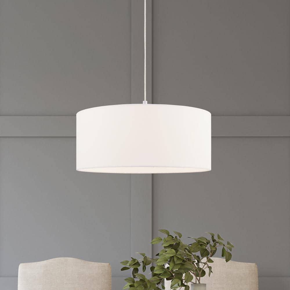 Brushed Nickel Drum Pendant with Off-White Fabric Shade