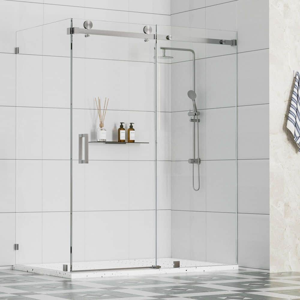 Resa 72 in. W x 33 in. D x 76 in. H Sliding Frameless Corner Shower Enclosure in Brushed Nickel with 3/8 in. Clear Glass price history on PriceWatchPro