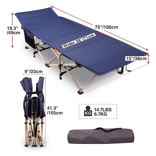 Adult Heavy-Duty Folding Camp Bed, 28 in. Extra Wide Sturdy Portable Camp Bed, Blue