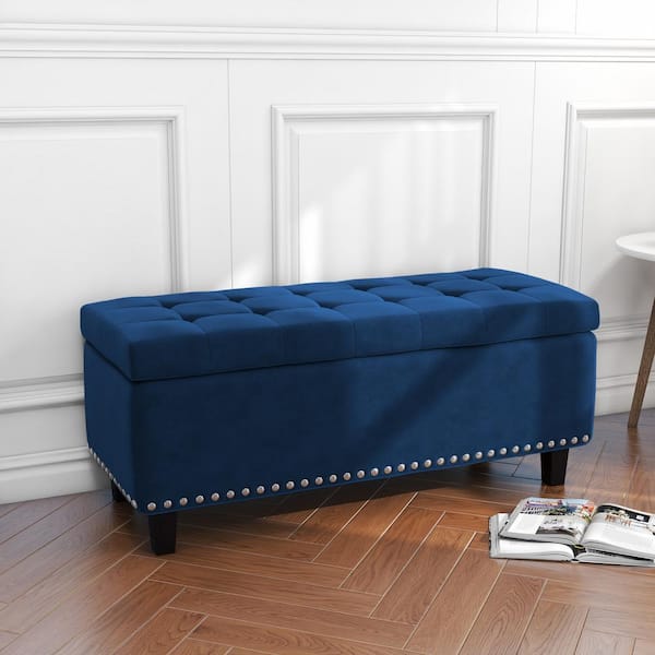 40.5 in. L Navy Blue Velvet Rectangle Bench Ottoman with Storage
