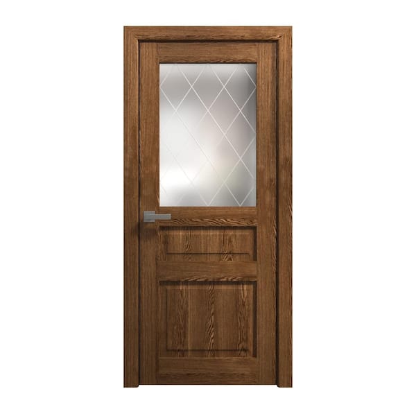 36 in. x 80 in. Frosted Glass Marble Oak Solid Wood Swing Door With Hardware