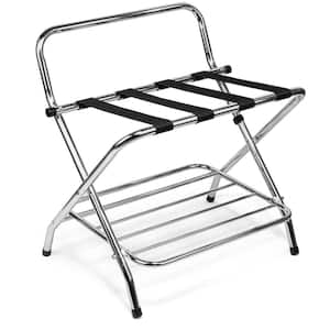 2-Tier High Back Chrome Luggage Rack Extra Storage Stand No Assembly Required Foldable for Easy Storage Metal