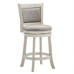 24.75 in. Antique White Finish Grey Upholstered Back Wood Frame Swivel Counter Height Stool