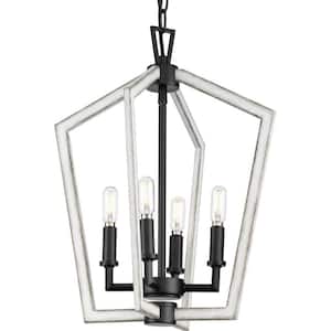 Galloway Collection 18 in. 4-Light Matte Black Modern Farmhouse Chandelier with Distressed White Accents