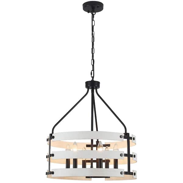 6-Light Black and Distressed White Farmhouse Chandelier, Triple Circle Candle Chandelier for Sloped Ceilings