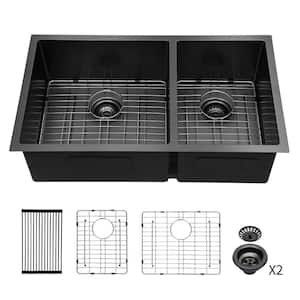 33 in L x 19 in. W. x 10 in. D Undermount Double Bowl 16 Gauge Gunmetal Black Stainless Steel Kitchen Sink