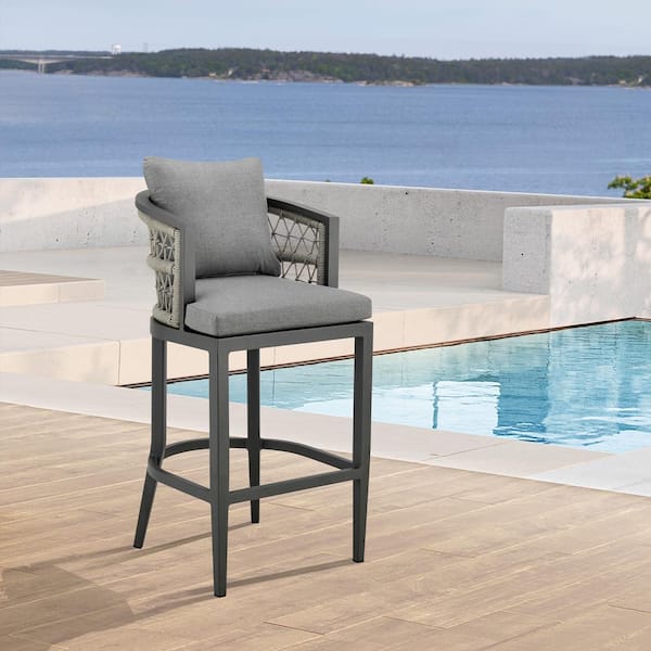 Armen Living Zella Bar Height Aluminum Outdoor Bar Stool with Earl Gray Cushion