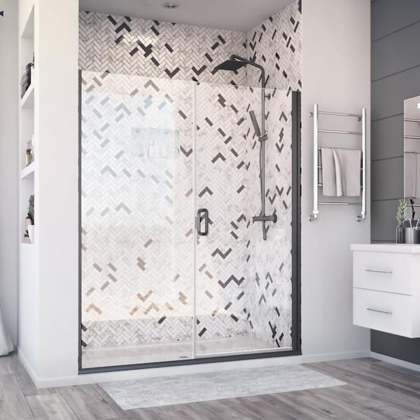 Holcam Deluxe 56 in. W x 71.375 in. H Hinged Semi-Frameless Shower Door and Inline Panel in Matte Black with Clear Glass