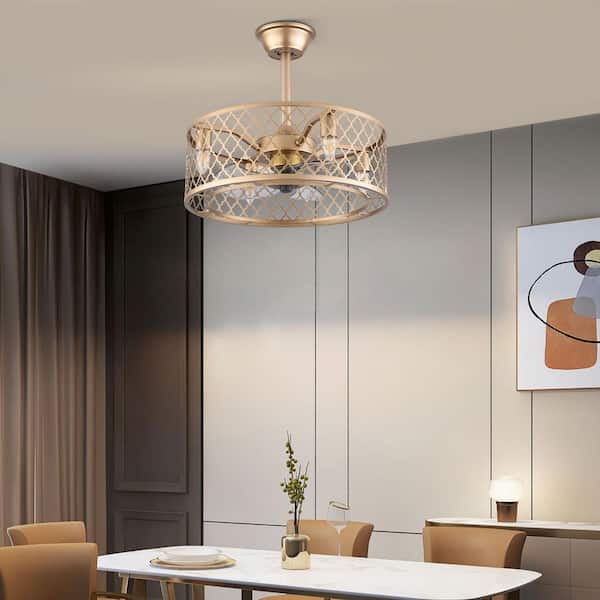 20 in. Gold Indoor Metal Caged Semi Flush Mount Ceiling Fan with Light Kit and Remote Control