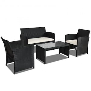 4-Piece Outdoor Wicker Conversation Furniture Set with White Cushion and Tempered Glass Table