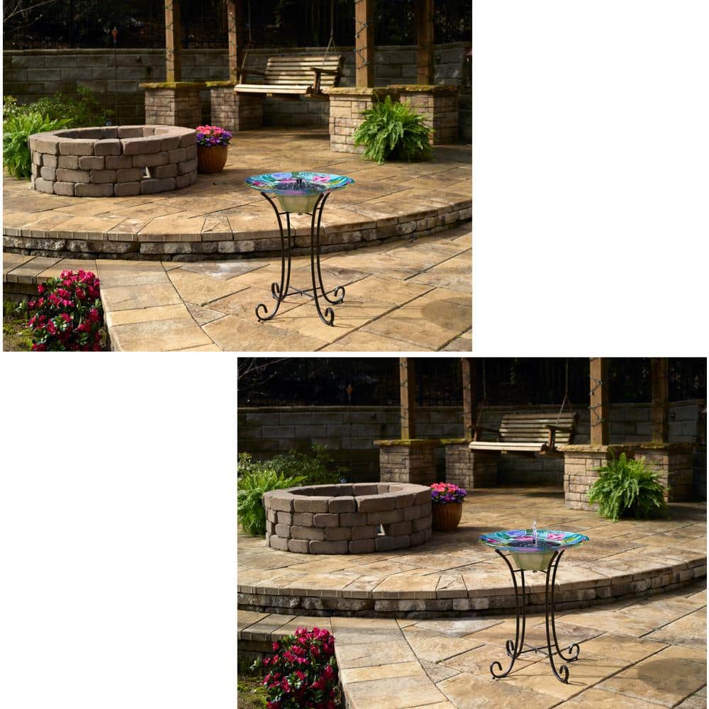 Hummingbird Hand-Painted Glass Solar Birdbath with Steel Stand