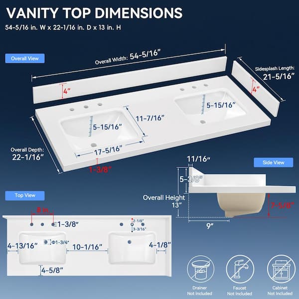 Zeafive 54 in. W x 22 in. D Engineered Stone White Rectangular